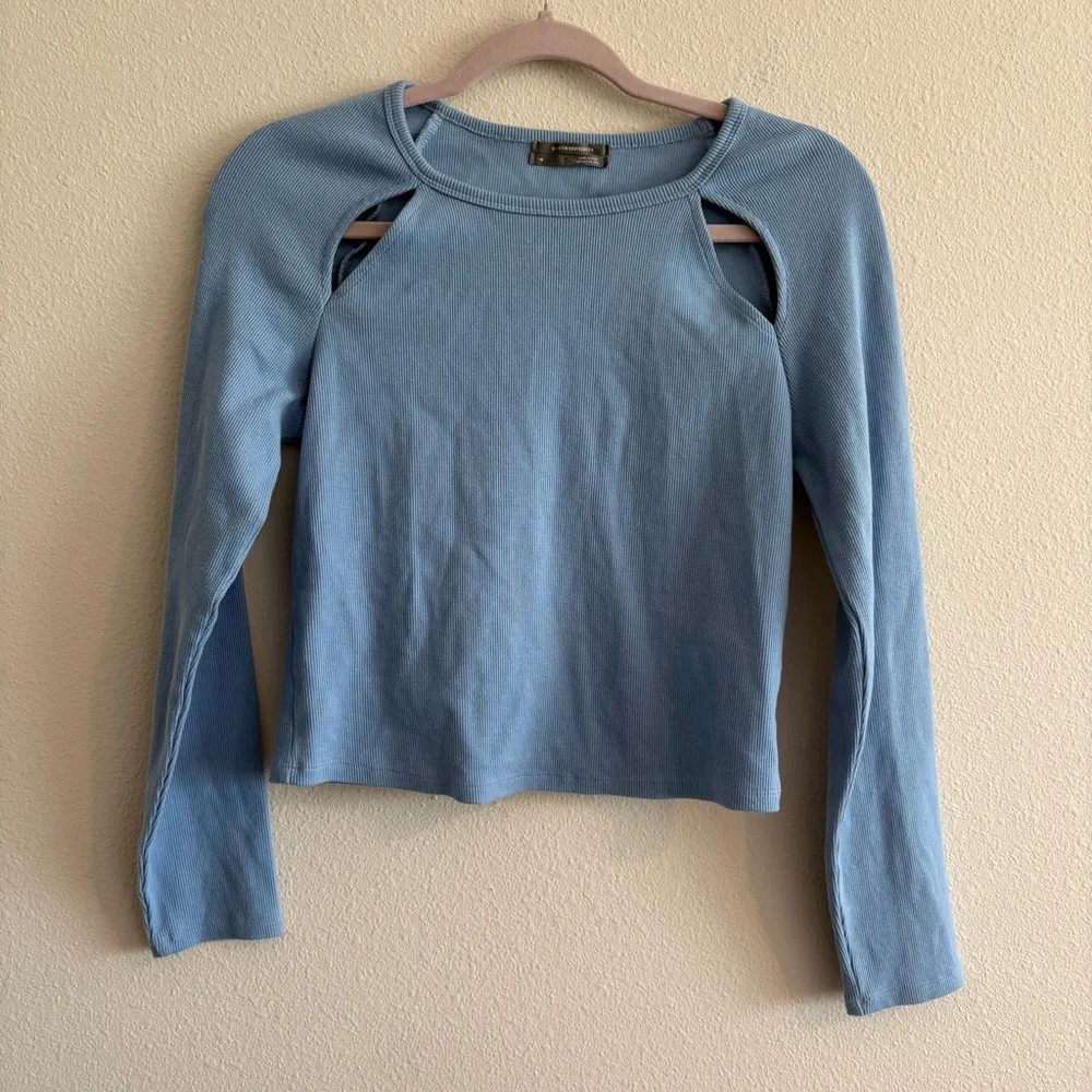 Anthropologie Cut-Out Top Long-Sleeve Ribbed Women’s Medium Blue